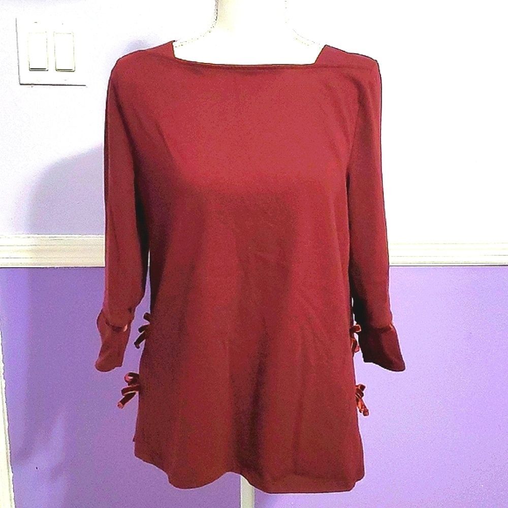 Talbots Burgundy Modest Career Velvet Bows 3/4 Sleeve Knit Top MP